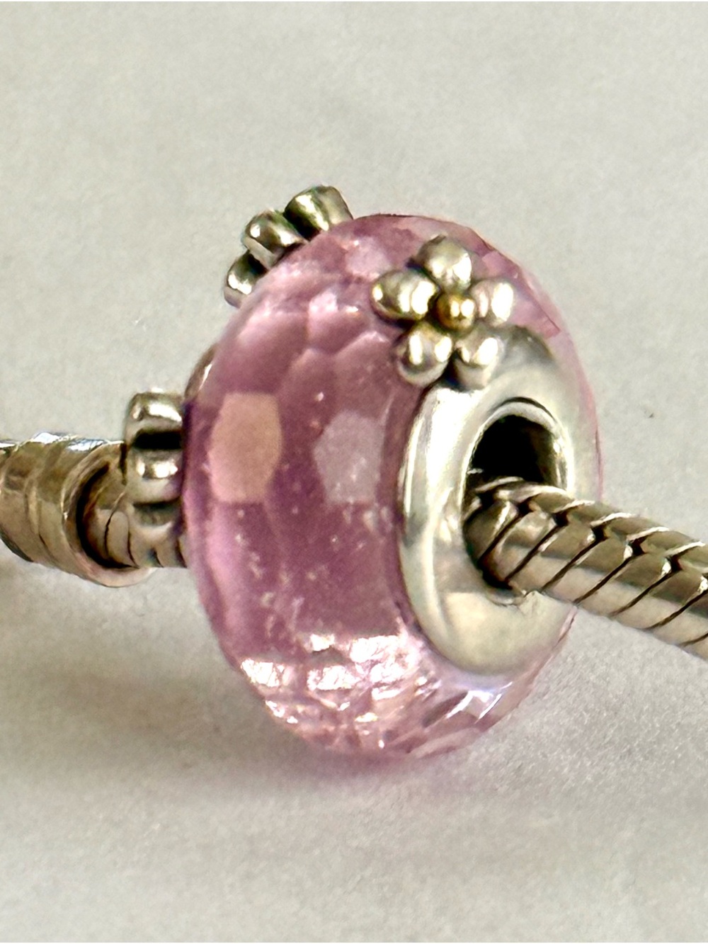 Pink Floral faceted Murano Glass Charm fit Pandora bracelets
